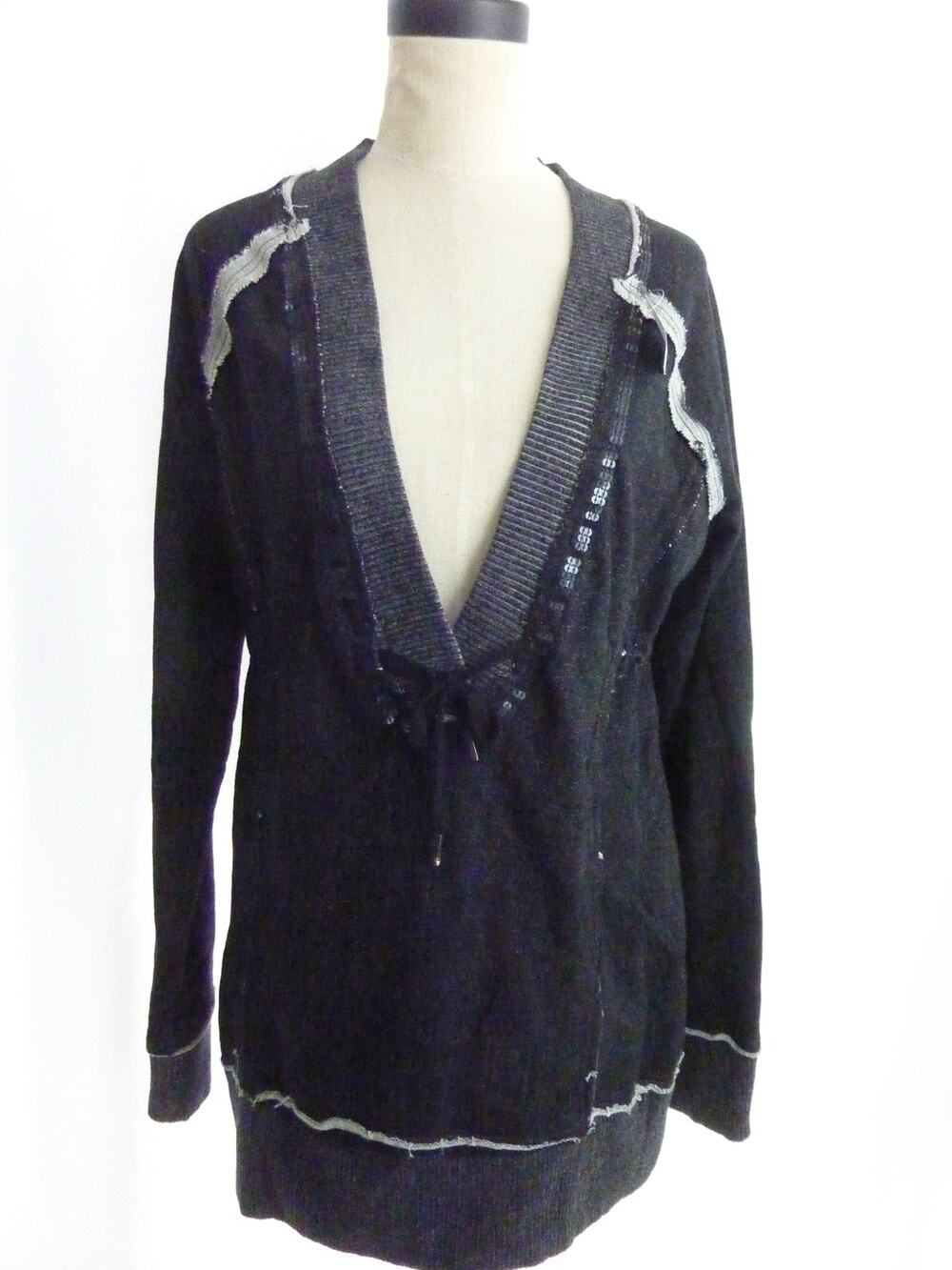 DKNY Active Womens Size M Black V Neck Long Sleeve Tunic Sweater Top Metallic